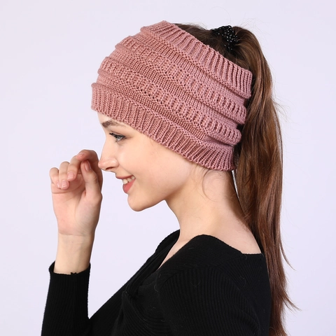 Dames Gebreide Hoofdband Winter Warm Ponytail Beanie Muts Acryl Dik Breed Haarband Rommelige Knot Elastisch