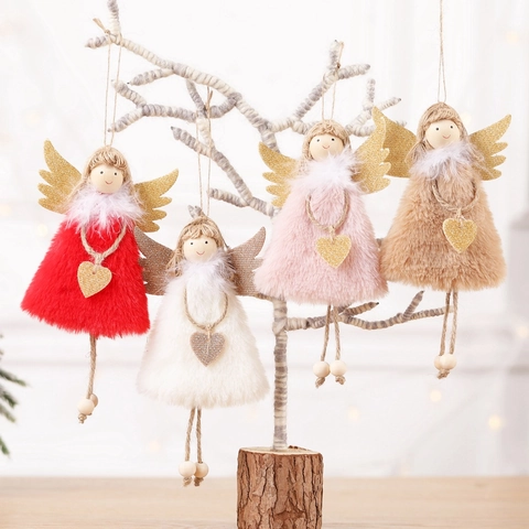 Angelo Di Natale Sospeso In Peluche Con Ali Glitterate Ciondolo A Cuore Perle Di Legno Per Decorazioni Festive Casa