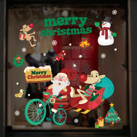 Christmas Window Stickers PVC Static Cling Glass Decals Santa Claus Reindeer Snowflake Holiday Home Shop Decor Cartoon