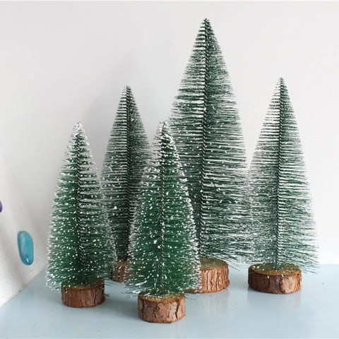 Mini Sapin De Noël Aiguille De Pin Artificielle Enneigé Ornement De Bureau Base En Bois Décoration Festive