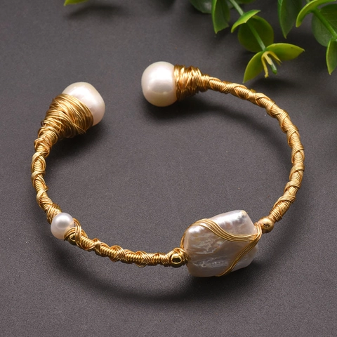 Brazalete De Perlas Barrocas Naturales De Agua Dulce Hecho A Mano Alambre De Cobre Chapado En Oro Ajustable Retro