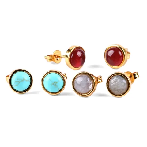Round Natural Stone Stud Earrings For Women Gold Plated Alloy Cabochon Gemstone Simple Jewelry Boho Style