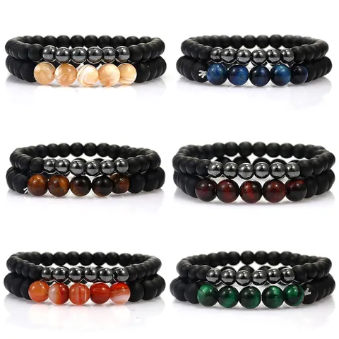 Natural Stone Beaded Bracelets Matte Black Onyx Tiger Eye Hematite Elastic Handmade Unisex Jewelry Accessory