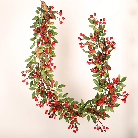 Christmas Garland Decorative Vine With Artificial Leaves Red Berries Natural Pine Cones For Hanging Home Decor
