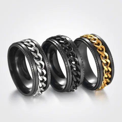 Stainless Steel Spinner Ring Rotatable Cuban Chain Band Punk Hip Hop Style Stress Relief Jewelry For Men