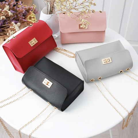 Mini Crossbody Bag PU Leather Gold Chain Strap Rotary Lock Flap Small Square Shoulder Bag For Women Daily Urban Style