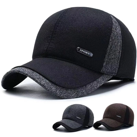 Gorra De Béisbol De Lana Para Hombre Con Orejeras Cálida Gruesa Diseño De Retazos Sombrero Casual Para Papá Etiqueta De Metal Sport