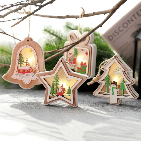 Christmas Wooden Hanging Ornaments LED Light Up Hollow Carved Tree Decoration Santa Reindeer Snowman Festive Home Party Decor