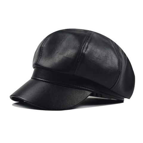 Vintage PU Leather Newsboy Cap For Women Solid Color Retro Octagonal Artist Hat Adjustable Winter Fall Fashion