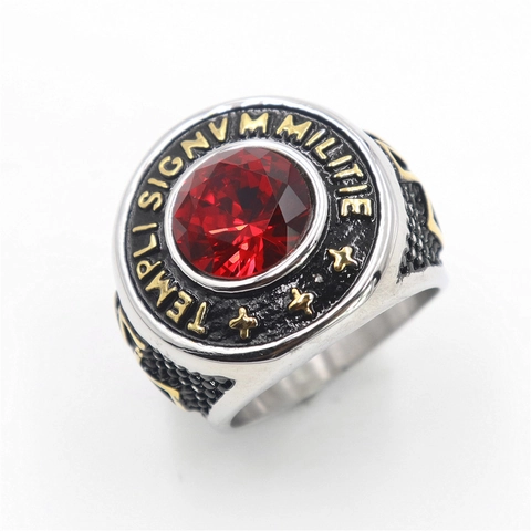 Anello Sigillo Da Uomo Acciaio Inossidabile Retro Templare Croce Zircone Rosso Gotico Punk Medievale