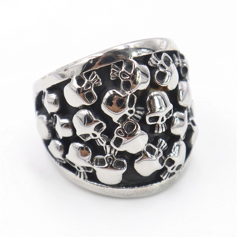 Stainless Steel Skull Ring Retro Punk Gothic Full Wrap Embossed Band For Men Women