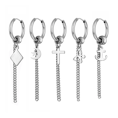 Orecchini Cerchio Punk Acciaio Inossidabile Con Catena Nappa Pendenti Croce Cuore Luna Stella Farfalla Unisex