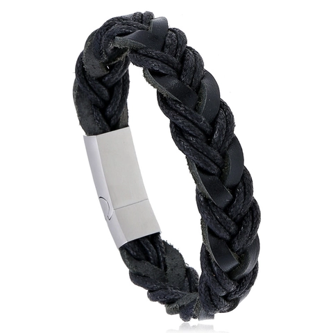 Pulsera De Cuero De Vaca Trenzado Para Hombre Con Cierre Magnético De Acero Inoxidable Estilo Retro Multicapa Joyería