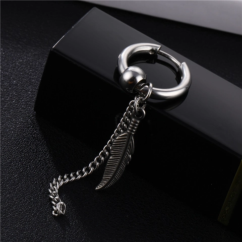 Stainless Steel Hoop Earrings With Long Tassel Chain And Feather Pendant Retro Punk Style Silver Jewelry For Men Women