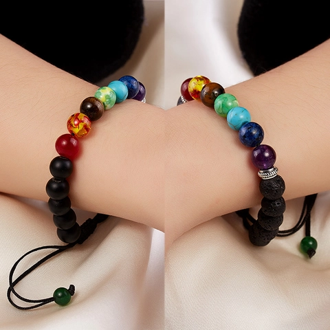 Bracelet Cordon Tressé Pierre Naturelle 7 Chakra Pierre De Lave Reiki Énergie Ajustable Bijoux Fait Main Unisexe