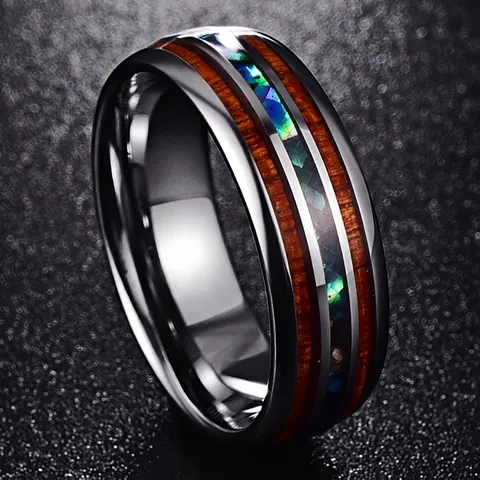 Men Tungsten Carbide Ring Polished Acacia Wood And Colorful Abalone Shell Inlay Band Retro Fashion Jewelry For Him