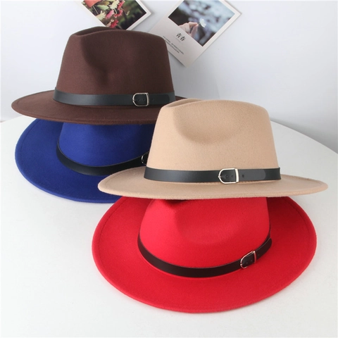 Vintage Fedora Hut Wollfilz Optik Breite Krempe Jazz Kappe Mit Ledergürtel Schnalle Retro Britischer Stil