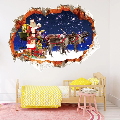 3D Broken Wall Christmas Santa Claus Sleigh Reindeer Wall Sticker PVC Waterproof Removable Decal For Living Room Decor