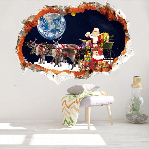 3D Christmas Wall Sticker Santa Claus Reindeer Space Flight Broken Wall Effect PVC Waterproof Home Decor Mural Kids Room