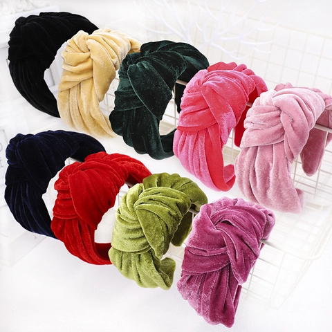 Velvet Knotted Headband For Women Wide Edge Solid Color Simple Sweet Elegant Hair Band Soft Autumn Winter Accessory
