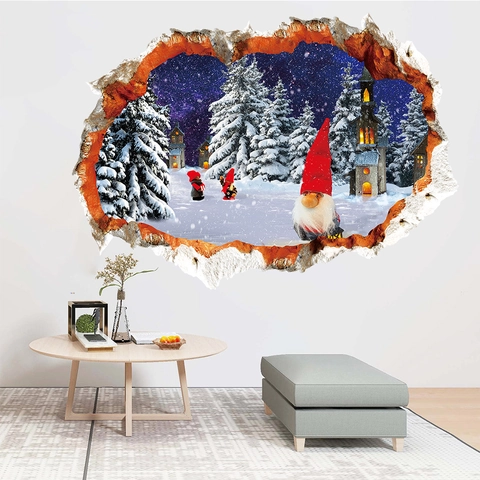 3D Weihnachten Wichtel Wandaufkleber Winter Schnee Wald Dorf Broken Wall Decal PVC Wasserdicht Festliche Mural Für Home Decor