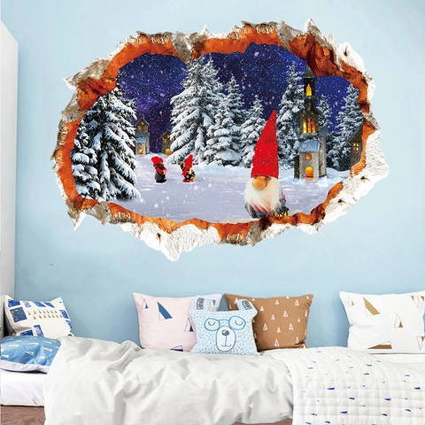 3D Weihnachten Wichtel Wandaufkleber Winter Schnee Wald Dorf Broken Wall Decal PVC Wasserdicht Festliche Mural Für Home Decor