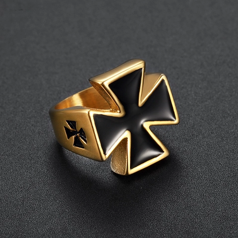 Anillo De Cruz De Acero Inoxidable Esmalte Negro Vintage Retro Punk Biker Estilo Joyería Hombre