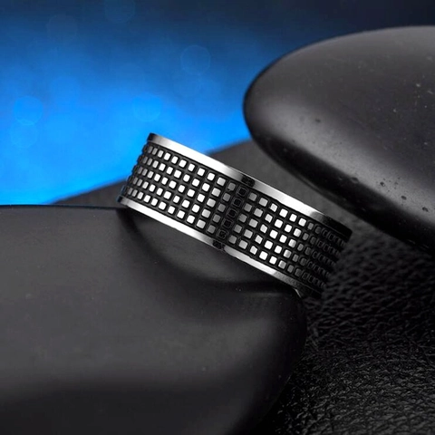 Anillo De Acero Inoxidable Vintage Cuadrícula Tablero De Ajedrez Negro Banda Geométrica Para Hombres Mujeres Joyas Punk Hip Hop Regalo