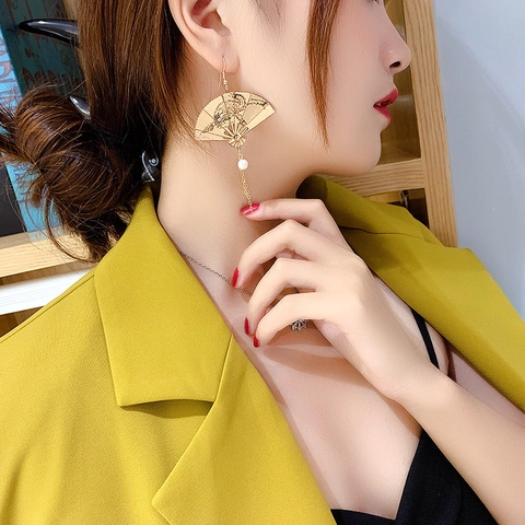 Pendientes Colgantes De Aleación Con Forma De Abanico De Estilo Chino Vintage Con Borla Larga Y Perla Artificial Joyería Tradicional