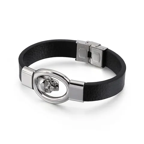 Pulsera De Cuero Genuino Trenzado Para Hombre Con Calavera De Acero Inoxidable Estilo Punk Rock Biker Accesorio