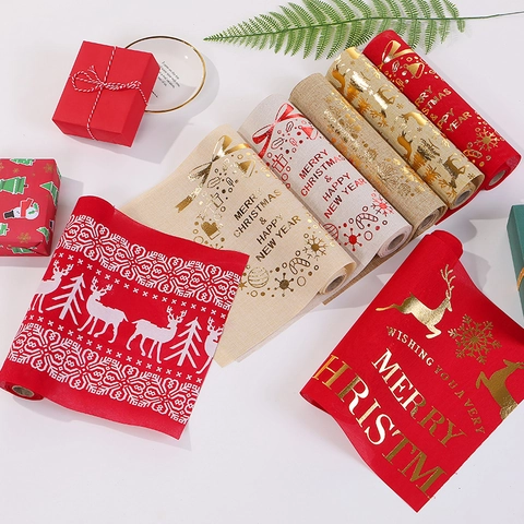Christmas Table Runner Fine Linen Gilded Reindeer Snowflake Printed Festive Holiday Dinner Party Desktop Decoration