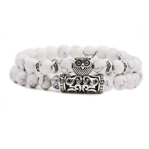 Vintage White Turquoise Beaded Bracelet Set With Copper Lion Head Owl Buddha Skull Charms Elastic Strand Bracelet Unisex Jewelry