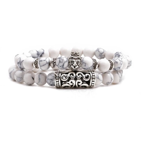Vintage White Turquoise Beaded Bracelet Set With Copper Lion Head Owl Buddha Skull Charms Elastic Strand Bracelet Unisex Jewelry