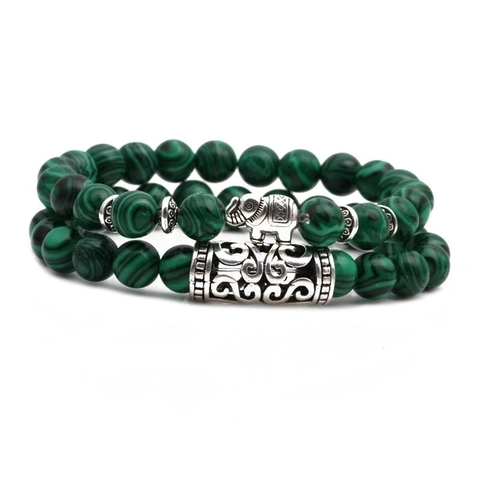 Malachite Beaded Bracelet Alloy Lion Elephant Owl Buddha Head Charm Vintage Ethnic Elastic Jewelry For Men Women
