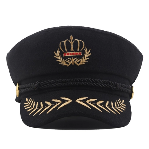 Military Style Sailor Captain Hat Woolen Blend Flat Top Cap With Crown Wheat Embroidery For Unisex Adults