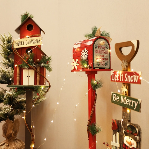 Christmas Decoration Wood Metal LED Light Mailbox Birdhouse Ornament Rustic Indoor Outdoor Festive Yard Home Decor