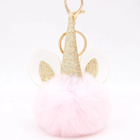 Llavero Creativo de Pompon de Piel Sintética de Unicornio Cuerno de Purpurina Dorada Colgante de Bolso de Peluche Accesorios para Mujeres Niñas Mochila