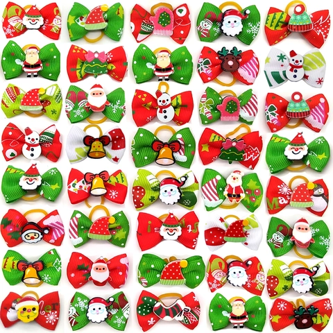 Christmas Pet Hair Bows Grosgrain Ribbon With Resin Cartoon Santa Snowman Decor Elastic Band For Dogs Cats Festive