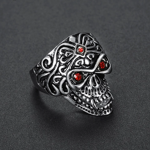Vintage Skull Ring 316L Stainless Steel With Red Rhinestone Eyes Punk Gothic Men Jewelry Accessory
