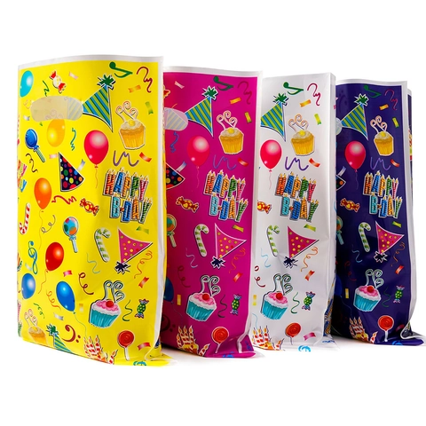 Birthday Party Gift Bags Plastic Pearlized Handle Hole Colorful Printed Happy Birthday Pattern Cartoon Cake Balloon Designs