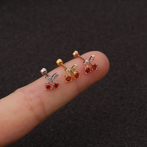 Stainless Steel Ear Cartilage Stud Earrings Copper Inlaid Zircon Piercing Jewelry Cherry Crown Star Moon Shape For Women