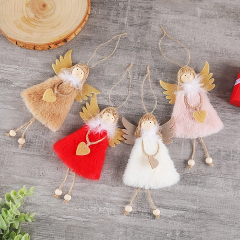 Angelo Di Natale Sospeso In Peluche Con Ali Glitterate Ciondolo A Cuore Perle Di Legno Per Decorazioni Festive Casa