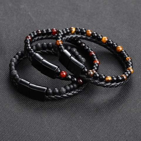Bracciale In Pelle Intrecciata Da Uomo Multistrato Con Pietre Naturali Occhio Di Tigre Agata Perle Vulcaniche E Chiusura Magnetica