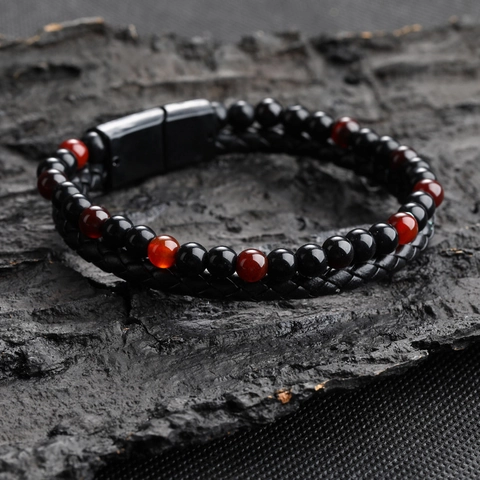 Bracciale In Pelle Intrecciata Da Uomo Multistrato Con Pietre Naturali Occhio Di Tigre Agata Perle Vulcaniche E Chiusura Magnetica