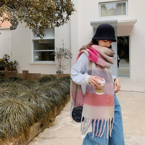 Écharpe Femme Hiver Oversize Épaisse Écharpe Plaid Arc-en-Ciel Chaude Douce En Polyester Avec Franges Châle Grille Multicolore