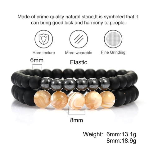 Natural Stone Beaded Bracelets Matte Black Onyx Tiger Eye Hematite Elastic Handmade Unisex Jewelry Accessory