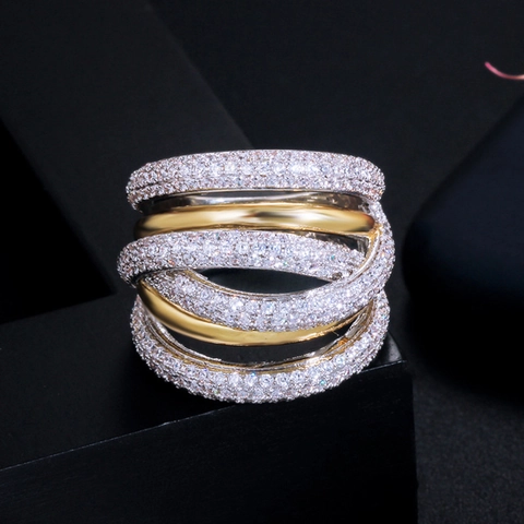 Gevlochten Meerlaagse Ring Koper Goud Zilver Verguld Micro-pavé AAA Zirconia Luxe Kruisontwerp Vrouwen