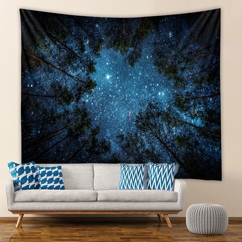 Starry Night Sky Forest Wall Tapestry Polyester Fabric Galaxy Landscape Hanging Blanket For Living Room Bedroom Decor