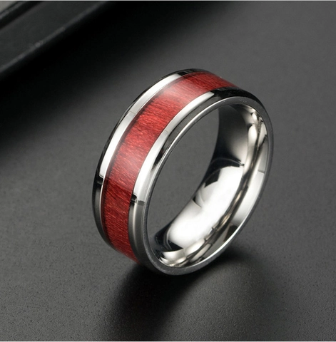 Anello da Uomo in Acciaio al Titanio Con Intarsio in Legno Rosso Lucidato Acciaio Inossidabile Fascia Larga Gioielli da Uomo Regalo
