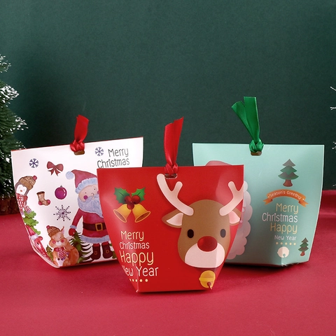 Scatola Regalo Di Natale Confezione Caramelle Carta Cartone Con Manico In Nastro Babbo Natale Renna Festa